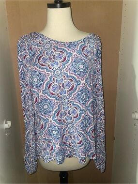 Chico’s Women's Printed Long Sleeve Boatneck Top in Blue & Pink